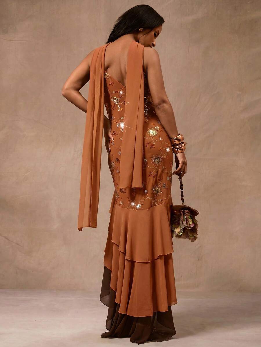 Rust copper sequin embroidered mermaid maxi dress front view