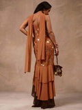 Rust embroidered maxi dress with open back and chiffon scarf drape