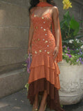Rust sequin mermaid dress with tiered ruffle hem