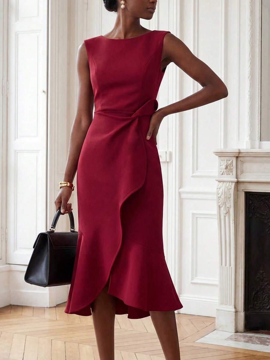 View 1 of side bow ruffle wrap midi dress with boat neckline, fitted bodice, back zip, and flared hem