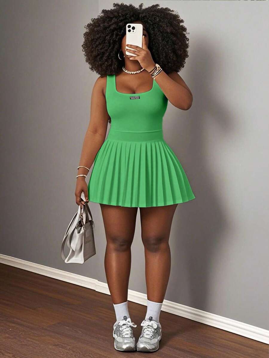 Image 1 - front view of Trendy Orange Mini Dress with U-Neck Racerback and Pleated Skirt – Perfect Spring Summer Outfit for Women
