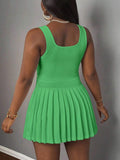 Image 2 - side profile of Trendy Orange Mini Dress with U-Neck Racerback and Pleated Skirt – Perfect Spring Summer Outfit for Women