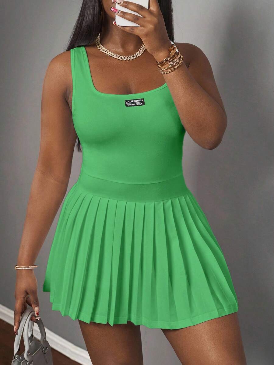 Image 3 - back view of Trendy Orange Mini Dress with U-Neck Racerback and Pleated Skirt – Perfect Spring Summer Outfit for Women