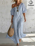 Front view of blue white striped one shoulder maxi dress with cotton comfort label