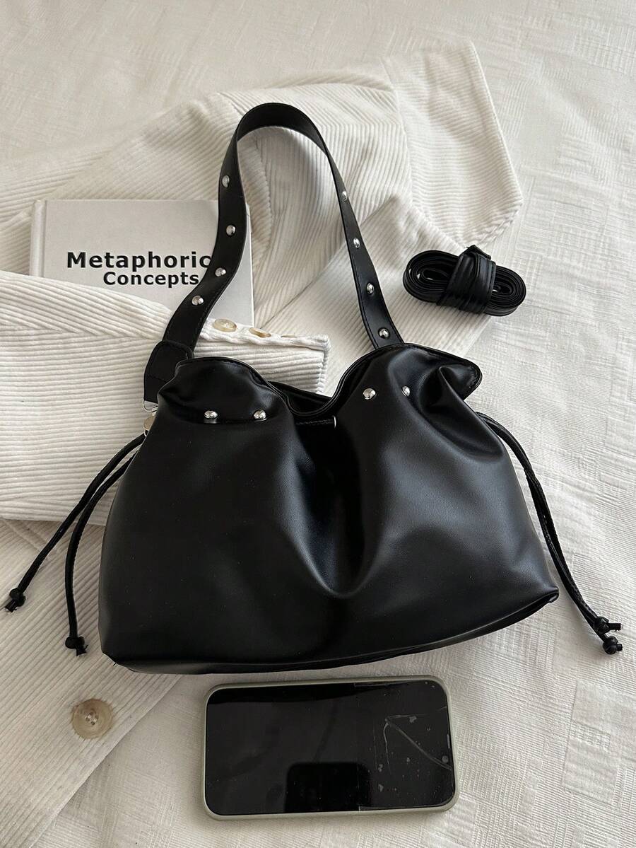 Image 3 - back view of Trendy Minimalist Drawstring Bucket Bag - Versatile Handbag for Stylish Women