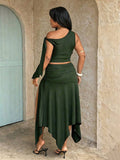 plus size two-piece skirt set in black olive green and brown with asymmetric one-shoulder crop top, draped shoulder tie panel, high waist ruched midi skirt, handkerchief hem and high thigh slit image 6