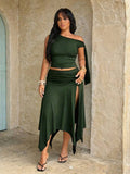 plus size two-piece skirt set in black olive green and brown with asymmetric one-shoulder crop top, draped shoulder tie panel, high waist ruched midi skirt, handkerchief hem and high thigh slit image 7