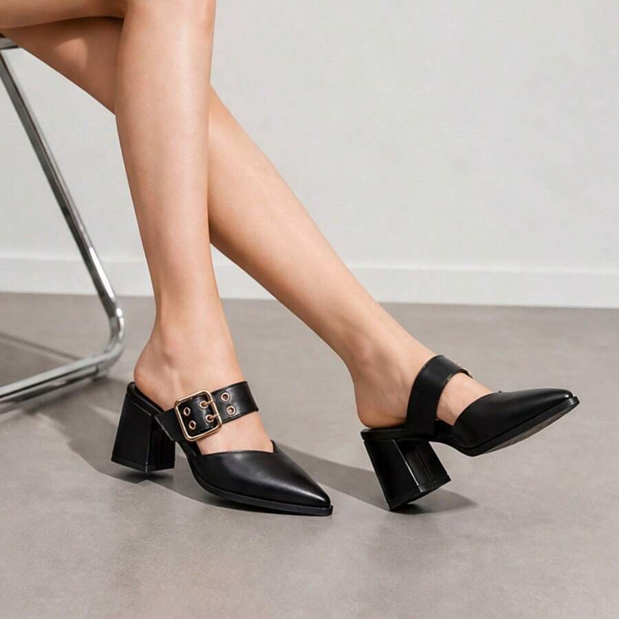 Image 6 - strap detail of Stylish Geeyea Women's Semi-Closed High Heels – Slip-On, Pointed Toe, Chunky Heel, 5 Colors, Perfect for Office and Everyday Wear