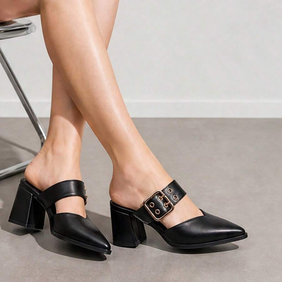 Image 8 - styled outfit of Stylish Geeyea Women's Semi-Closed High Heels – Slip-On, Pointed Toe, Chunky Heel, 5 Colors, Perfect for Office and Everyday Wear