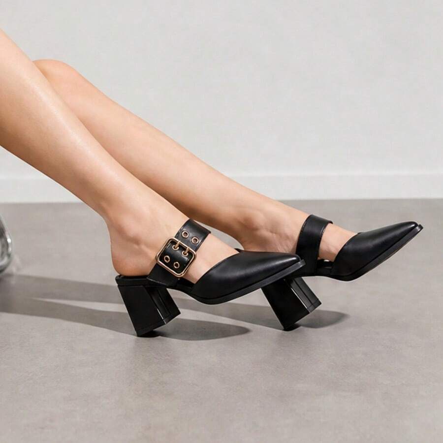 Image 9 - material detail of Stylish Geeyea Women's Semi-Closed High Heels – Slip-On, Pointed Toe, Chunky Heel, 5 Colors, Perfect for Office and Everyday Wear