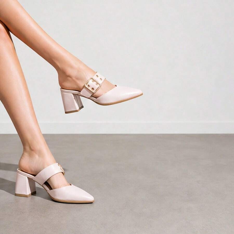 Image 4 - heel detail of Stylish Geeyea Women's Semi-Closed High Heels – Slip-On, Pointed Toe, Chunky Heel, 5 Colors, Perfect for Office and Everyday Wear