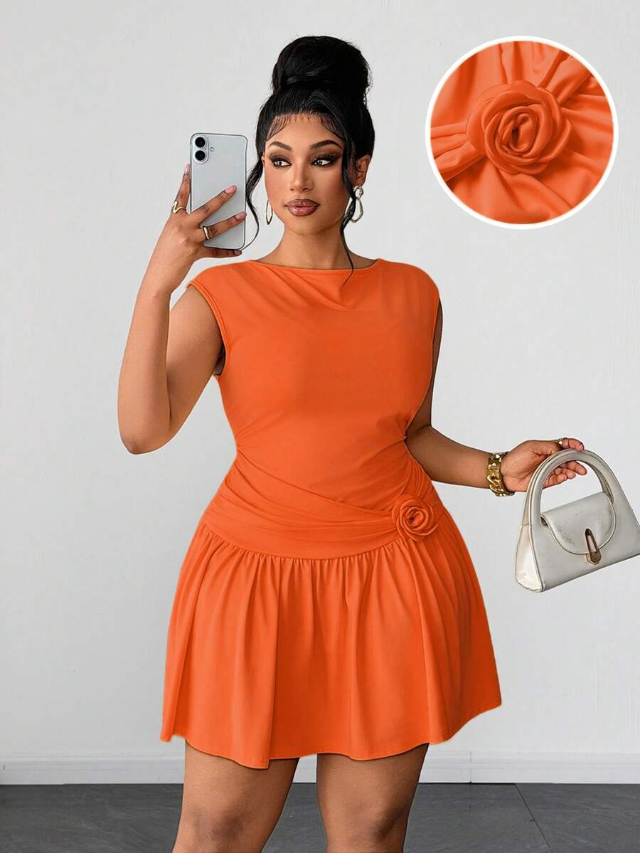 Front view of Chic Plus Size Lemon Yellow Floral Midi Dress with 3D Design and Ruched Waist for Elegant Daily Wear and Parties