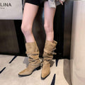 Outsole view of Stylish Women's Tan Suede Buckle Ruched Mid-Calf Western Boots - Cowboy Charm with Block Heel for western boot styling
