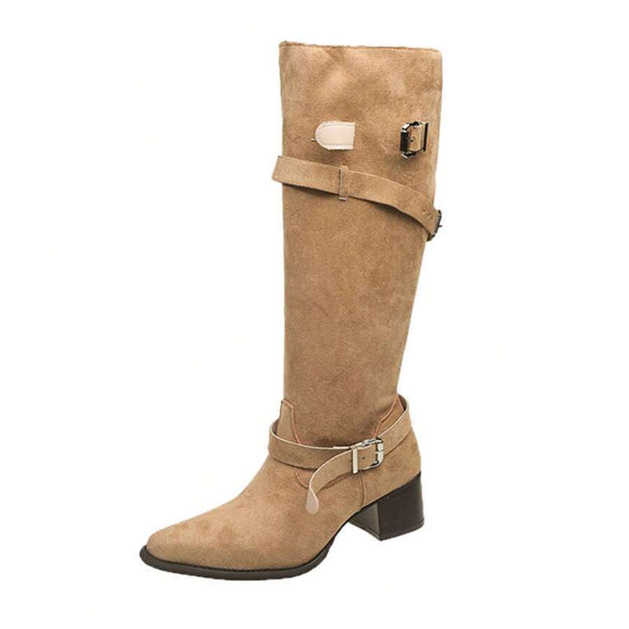 Side view of Stylish Women's Tan Suede Buckle Ruched Mid-Calf Western Boots - Cowboy Charm with Block Heel for western boot styling