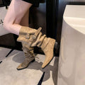 Buckle detail view of Stylish Women's Tan Suede Buckle Ruched Mid-Calf Western Boots - Cowboy Charm with Block Heel for western boot styling
