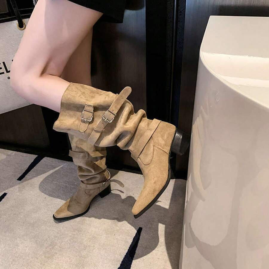 Buckle detail view of Stylish Women's Tan Suede Buckle Ruched Mid-Calf Western Boots - Cowboy Charm with Block Heel for western boot styling