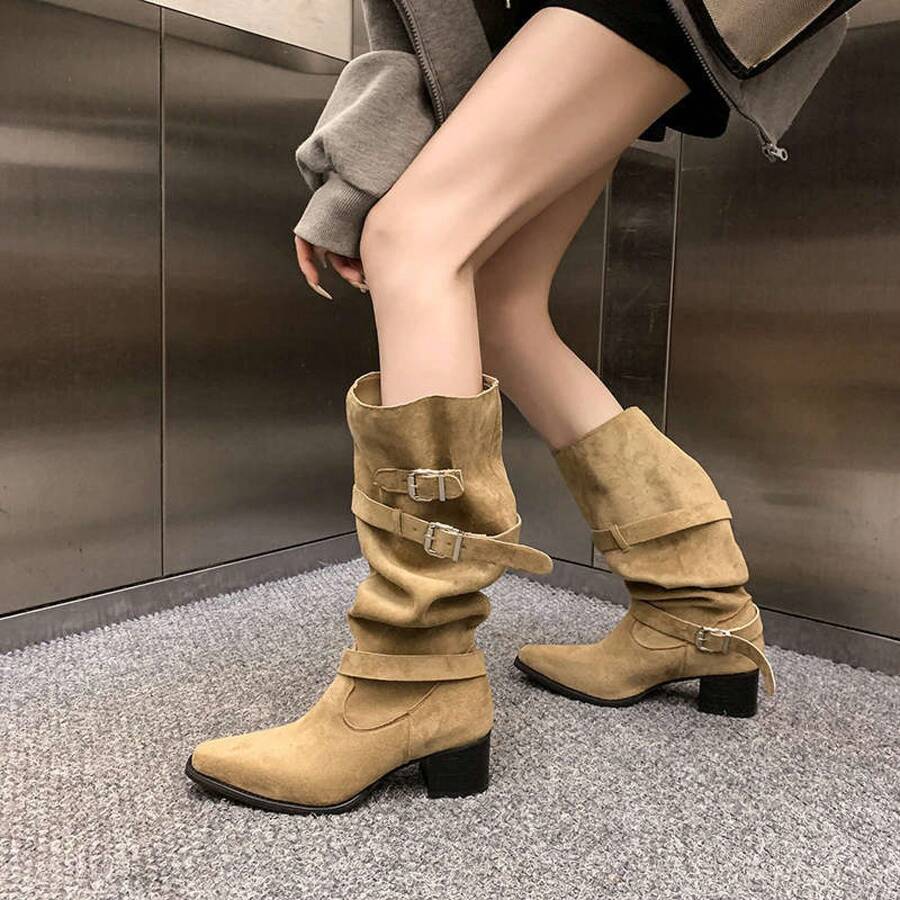 Back zipper view of Stylish Women's Tan Suede Buckle Ruched Mid-Calf Western Boots - Cowboy Charm with Block Heel for western boot styling
