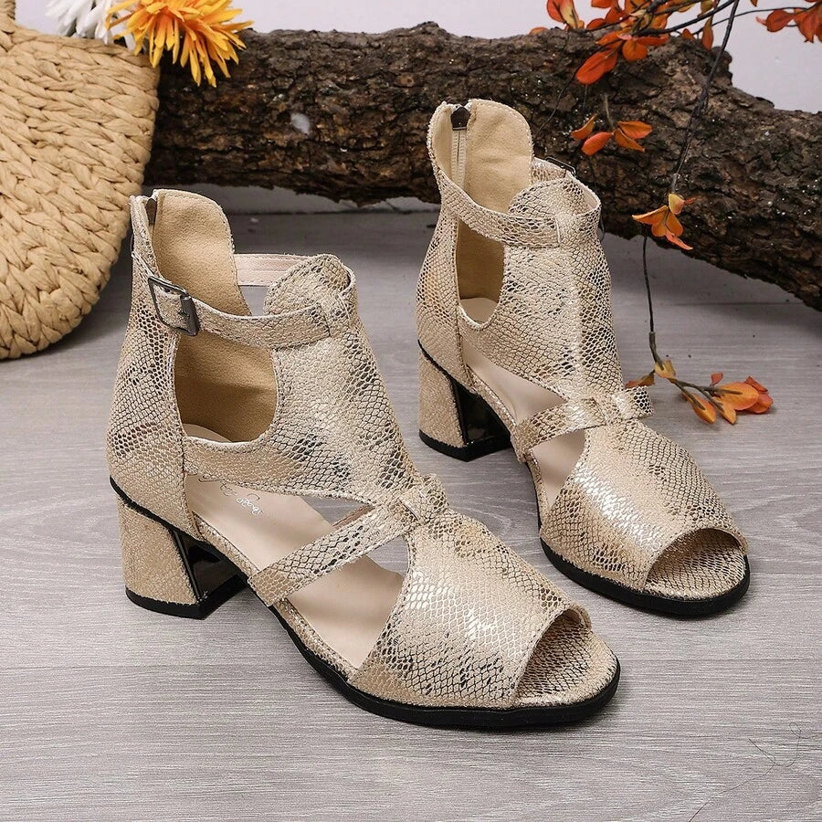 Image 2 - side profile of 2026 Snake Pattern Chunky Heel Sandals for Women - Stylish Peep Toe High Heels with Back Zipper, Straps, and Plus Size Options