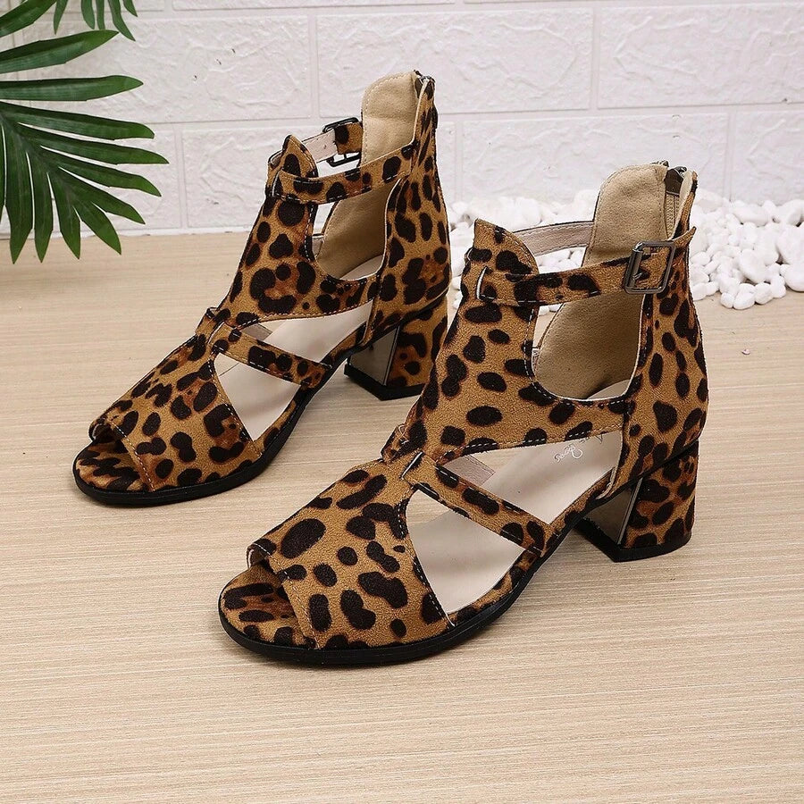 Image 4 - detail view of 2026 Snake Pattern Chunky Heel Sandals for Women - Stylish Peep Toe High Heels with Back Zipper, Straps, and Plus Size Options