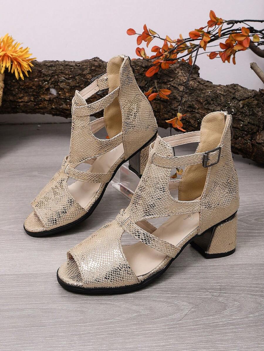 Image 1 - front view of 2026 Snake Pattern Chunky Heel Sandals for Women - Stylish Peep Toe High Heels with Back Zipper, Straps, and Plus Size Options