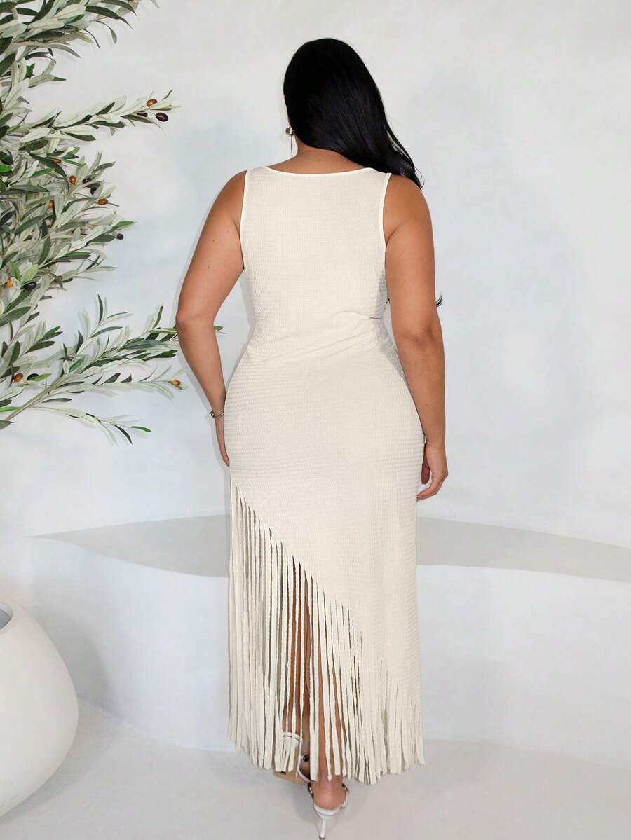 Front view of elegant cream white crochet knit maxi dress with backless design