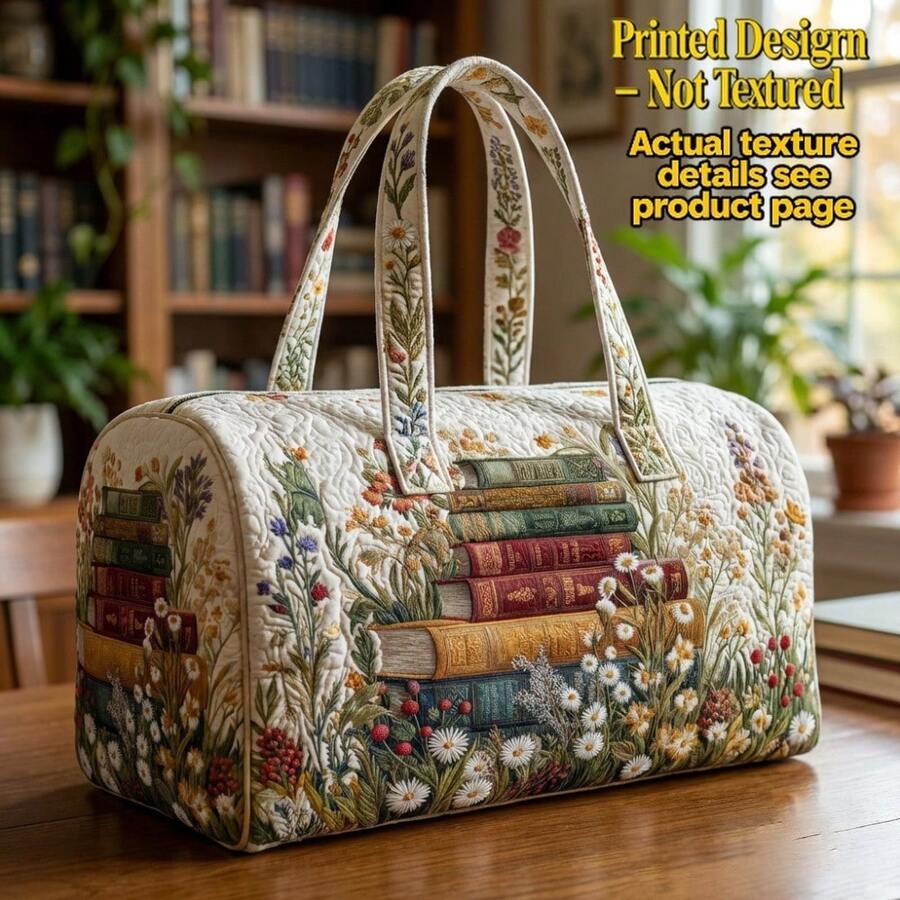 Quilted duffel bag with printed floral and stacked book design on table