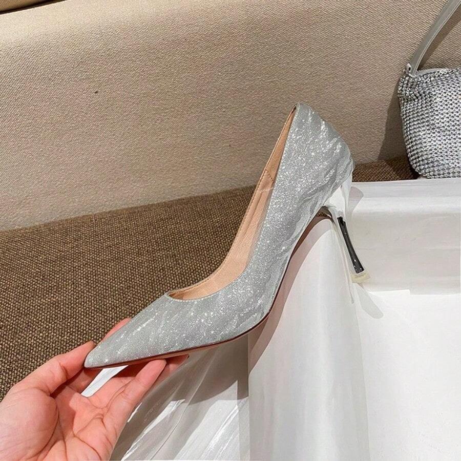 Detail view of Elegant Champagne Gold and Silver High Heels for Women - Spring 2026 Fashion Must-Have for shoes styling