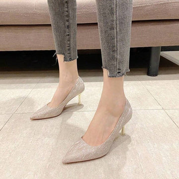 Front view of Elegant Champagne Gold and Silver High Heels for Women - Spring 2026 Fashion Must-Have for shoes styling