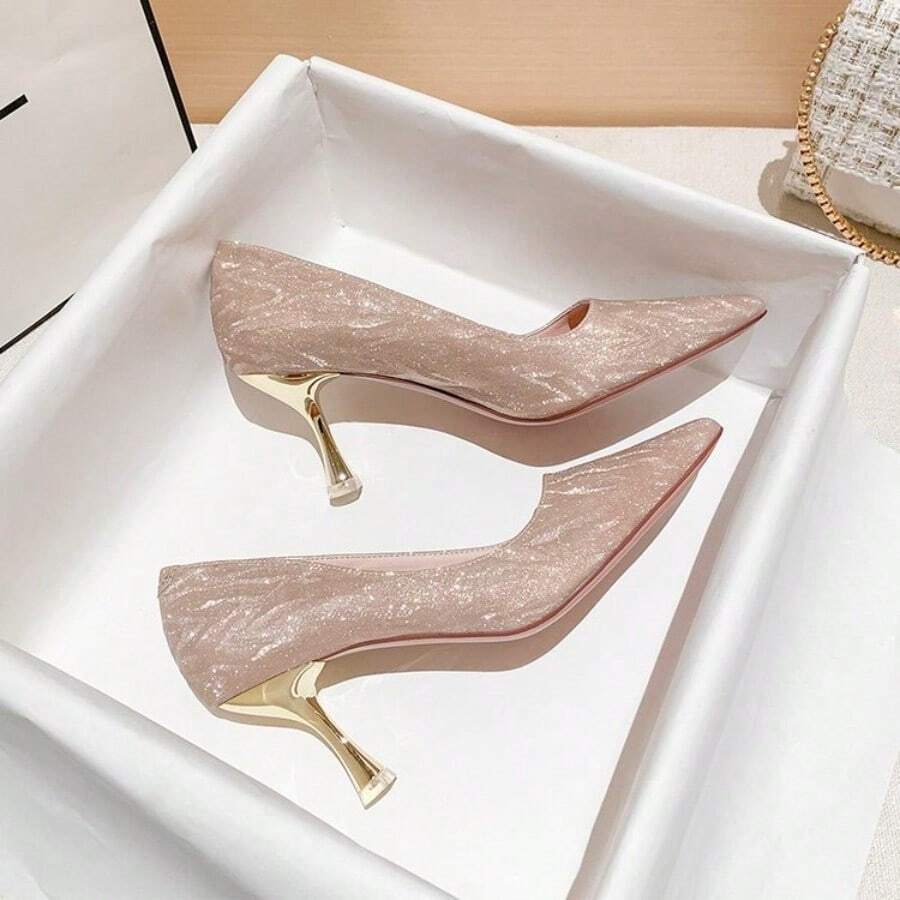 Front view of Elegant Champagne Gold and Silver High Heels for Women - Spring 2026 Fashion Must-Have for shoes styling