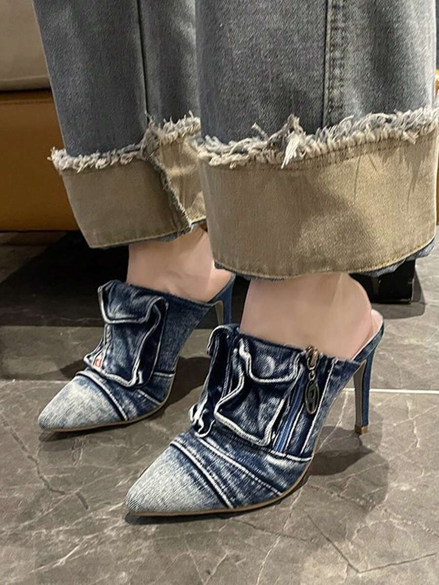 Image 1 - front view of Edgy Y2K Denim Stiletto Mules with Pocket Detail for Bold Night Out Styles