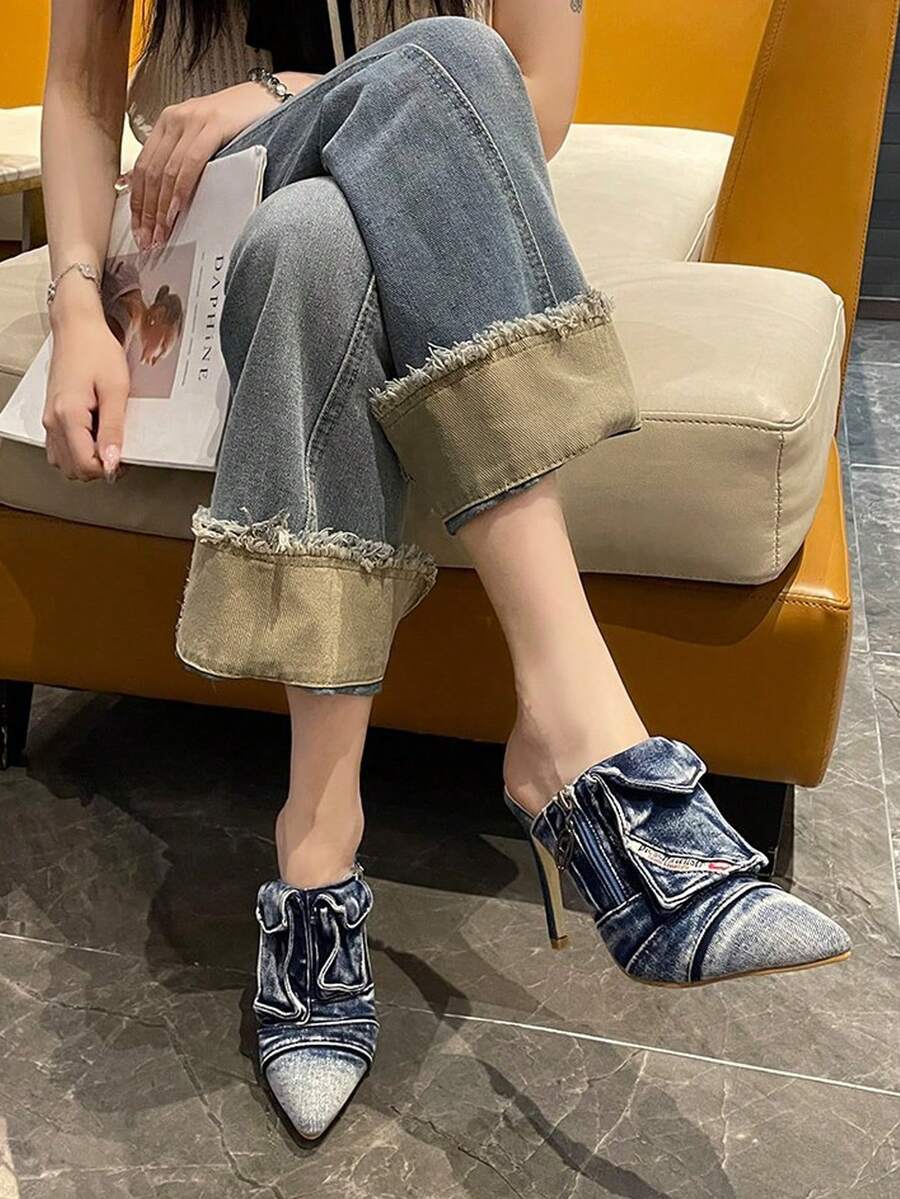 Image 1 - front view of Edgy Y2K Denim Stiletto Mules with Pocket Detail for Bold Night Out Styles