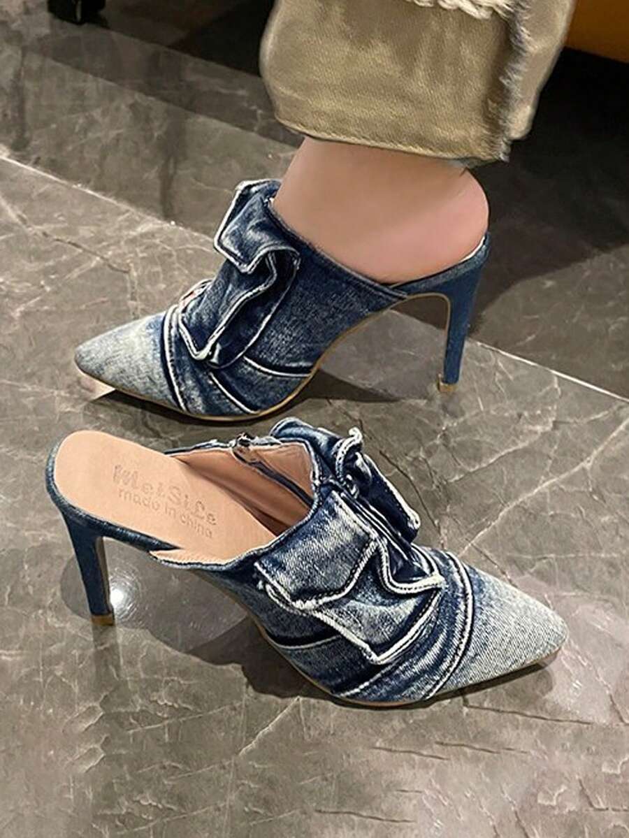 Image 3 - back view of Edgy Y2K Denim Stiletto Mules with Pocket Detail for Bold Night Out Styles