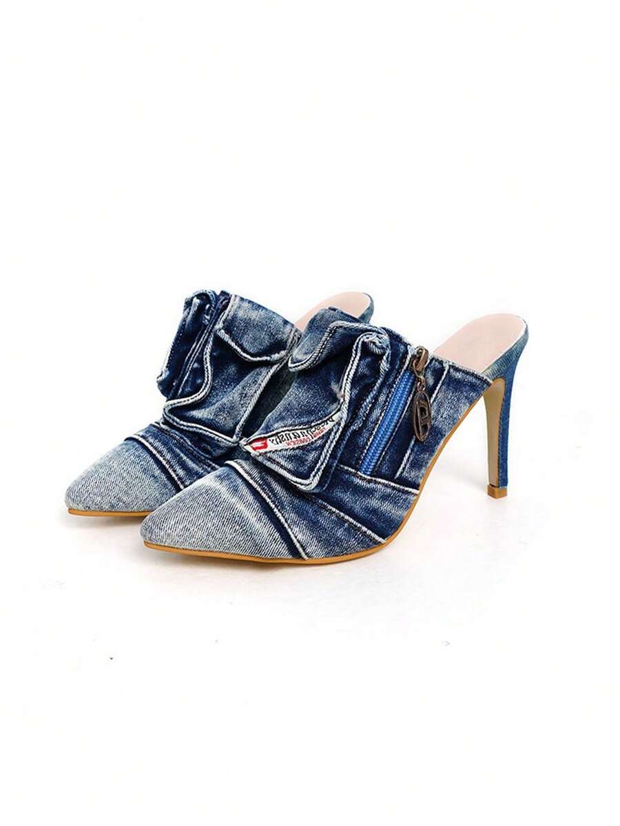 Image 4 - heel detail of Edgy Y2K Denim Stiletto Mules with Pocket Detail for Bold Night Out Styles