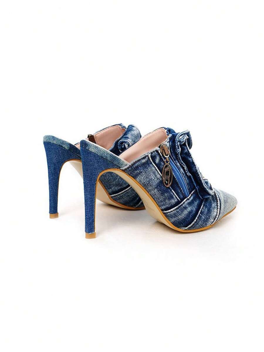 Image 5 - toe detail of Edgy Y2K Denim Stiletto Mules with Pocket Detail for Bold Night Out Styles