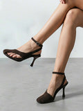 Image 3 - back view of Chic Brown Square Toe Pumps - Stylish One-Strap Hollow-Out Open Toe Sandals for Summer Events and Parties
