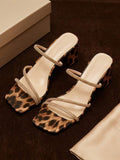 Leopard print square toe rhinestone mule sandals with cream footbed