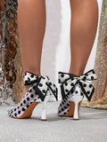 16 media show women polka dot pointed toe pumps in white/black variants with ankle bow wrap or buckle strap, stiletto or chunky block heel, sheer mesh panels on some styles. image 3