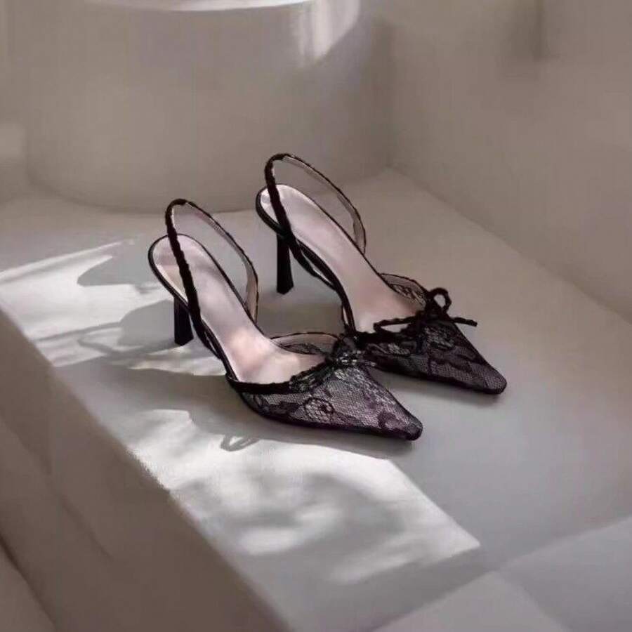 Front view of Elegant Embroidered Lace Bow High-Heeled Sandals for Stunning Style for shoes styling