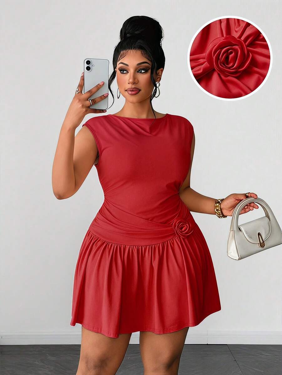 Color option view of Chic Plus Size Lemon Yellow Floral Midi Dress with 3D Design and Ruched Waist for Elegant Daily Wear and Parties