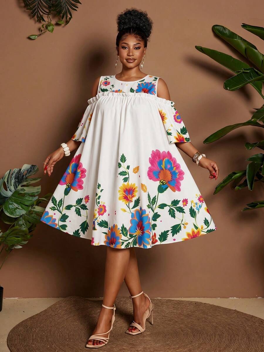 Image 13 - print detail of Plus Size Casual Off-Shoulder Mini Dress with Cute Cartoon Flower Print for Summer Holidays