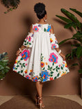 Image 14 - sleeve detail of Plus Size Casual Off-Shoulder Mini Dress with Cute Cartoon Flower Print for Summer Holidays