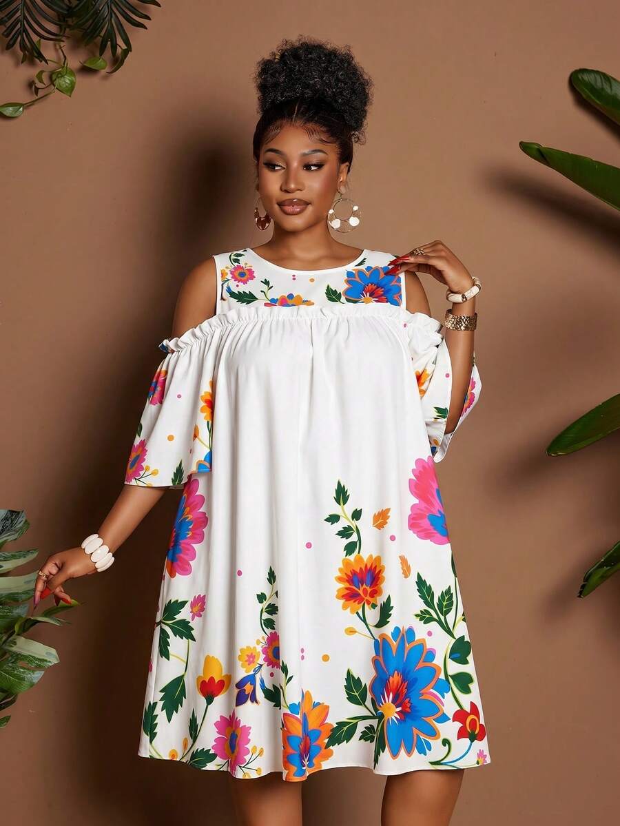 Image 15 - vacation styling of Plus Size Casual Off-Shoulder Mini Dress with Cute Cartoon Flower Print for Summer Holidays