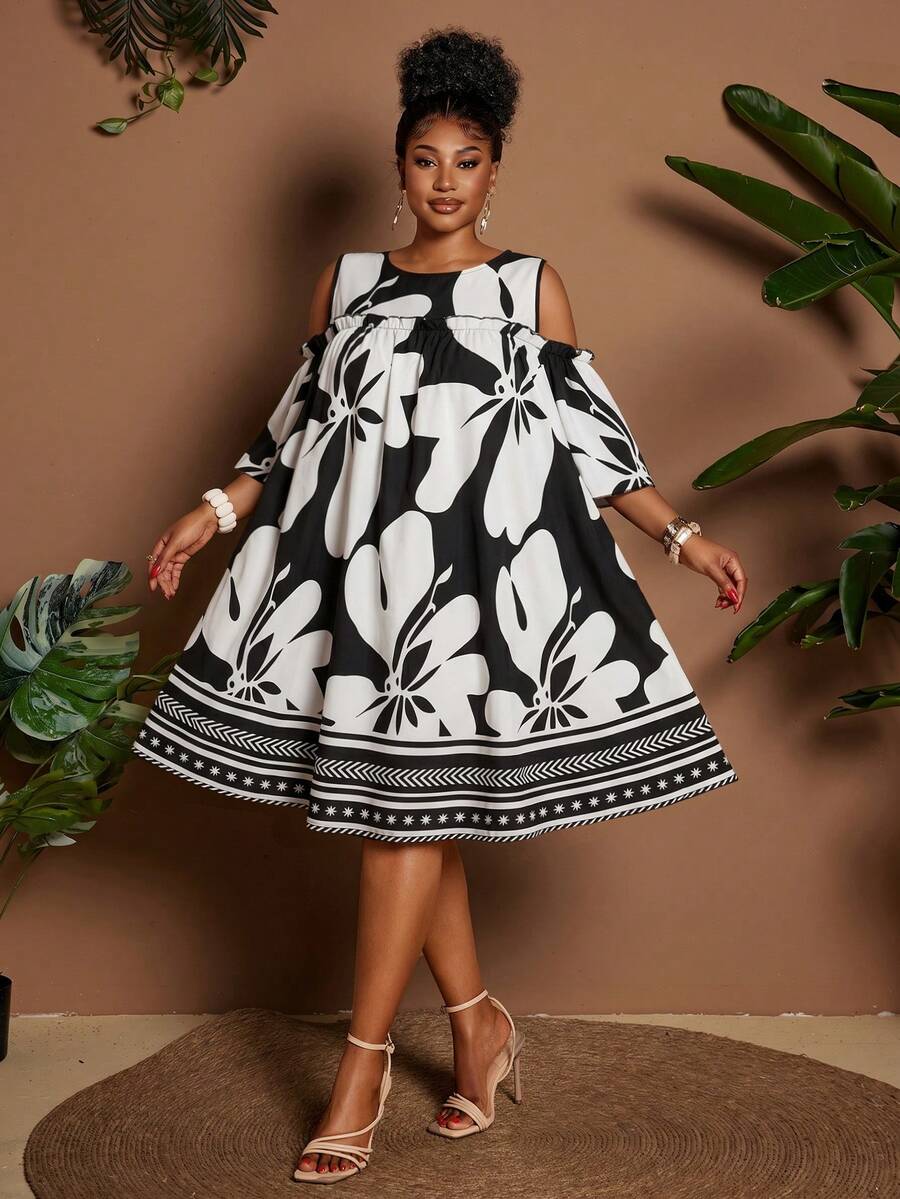 Image 4 - fabric detail of Plus Size Casual Off-Shoulder Mini Dress with Cute Cartoon Flower Print for Summer Holidays