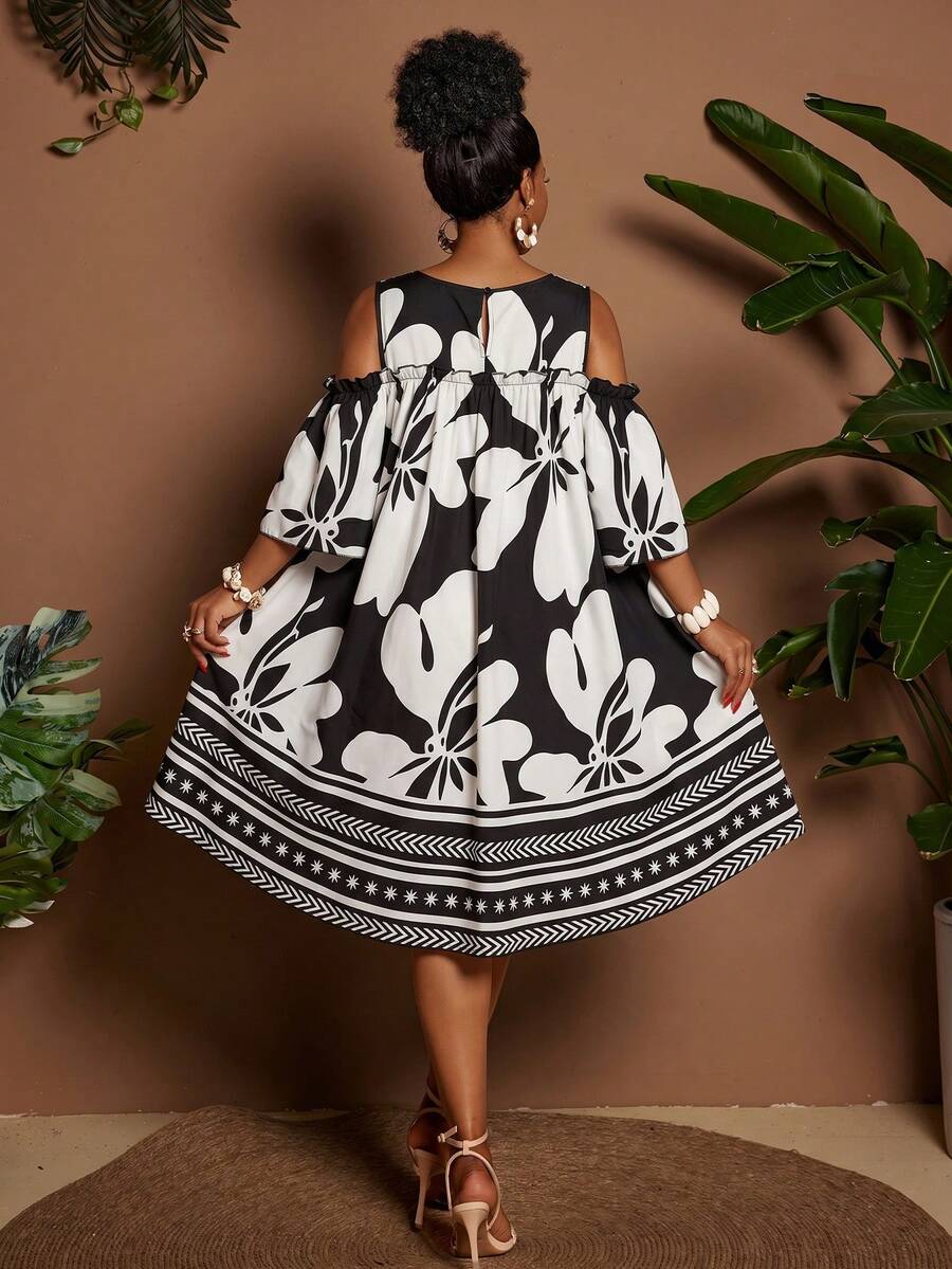 Image 5 - neckline detail of Plus Size Casual Off-Shoulder Mini Dress with Cute Cartoon Flower Print for Summer Holidays