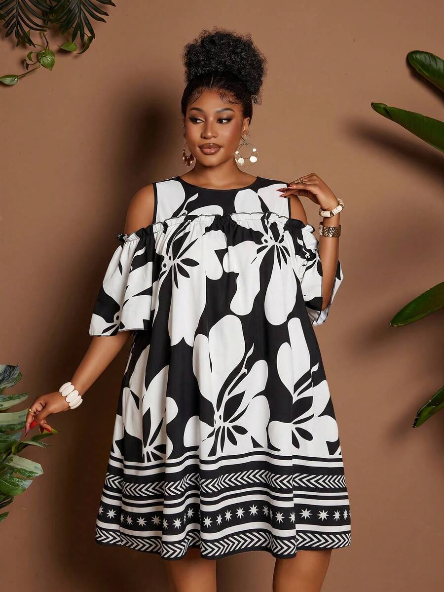 Image 6 - full length view of Plus Size Casual Off-Shoulder Mini Dress with Cute Cartoon Flower Print for Summer Holidays