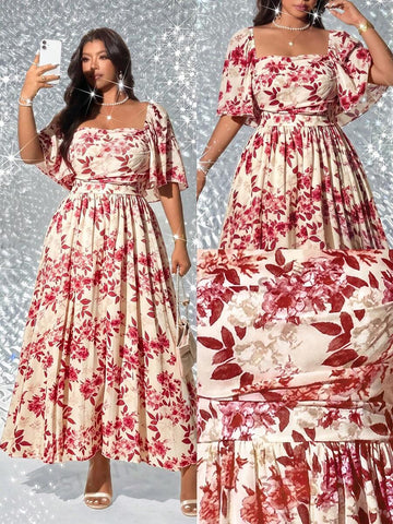 Image 1 - front view of Elegant Plus Size Floral Print Pleated Dress for Women - Romantic and Stylish Fashion Statement
