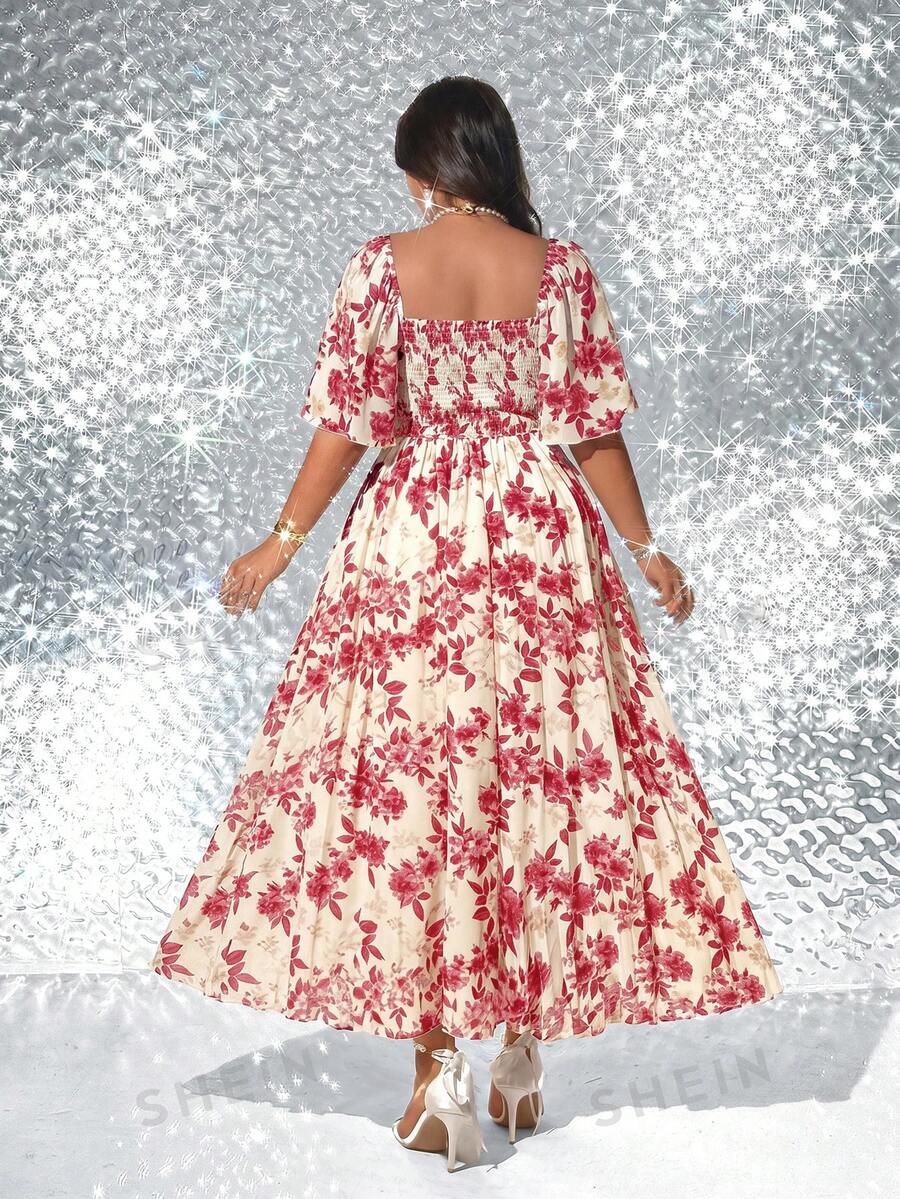 Image 1 - front view of Elegant Plus Size Floral Print Pleated Dress for Women - Romantic and Stylish Fashion Statement