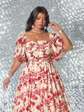 Image 3 - back view of Elegant Plus Size Floral Print Pleated Dress for Women - Romantic and Stylish Fashion Statement
