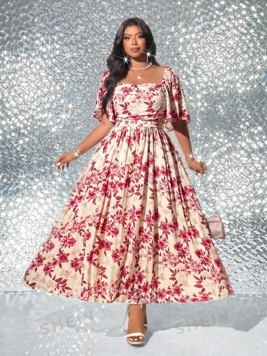 Image 4 - fabric detail of Elegant Plus Size Floral Print Pleated Dress for Women - Romantic and Stylish Fashion Statement