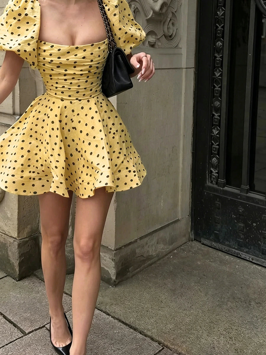 Yellow polka dot square neck mini dress front view
